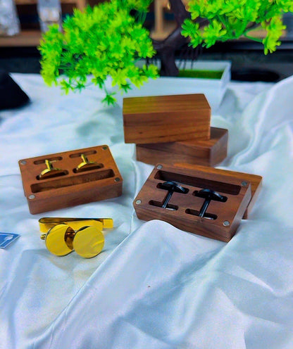 DuriBox Handmade Quality Walnut Wood Cufflinks Box Cufflinks Organizer Engraved Cufflinks & Tie Clip Wood Box Gift Set For Men
