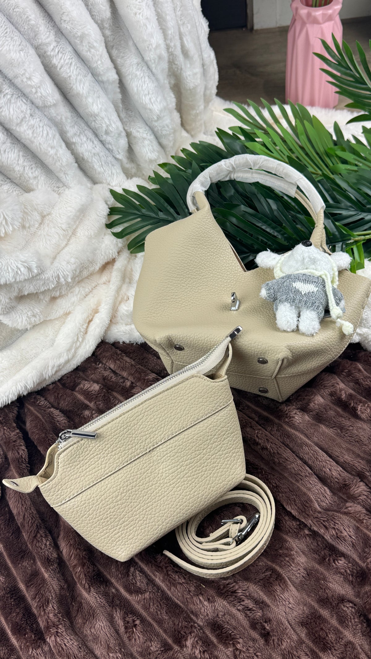 Biege Slouchy 3-in-1 Bucket Bag with Bunny Bag Charm | LARYZ Everyday - 043 | Medium