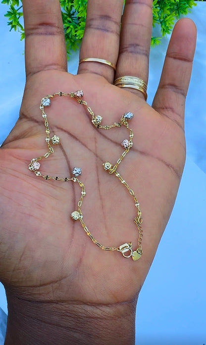 18ct Solid Gold 3-Tone Charm Anklet | 10 Inches | 2.4g