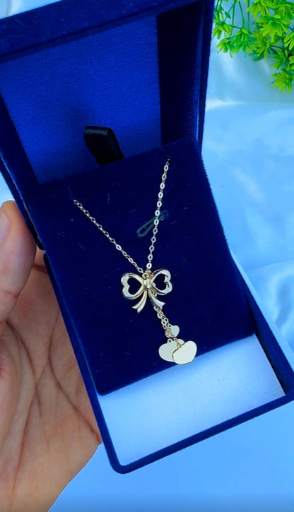 18K Solid Gold Bow Pendant Necklace with Hanging Hearts (1.9g) | Dainty Gold Jewellery | 18 Inches (Extra)