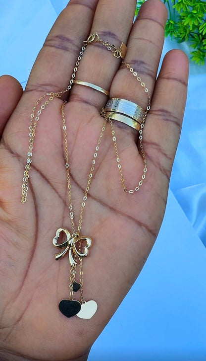 18K Solid Gold Bow Pendant Necklace with Hanging Hearts (1.9g) | Dainty Gold Jewellery | 18 Inches (Extra)