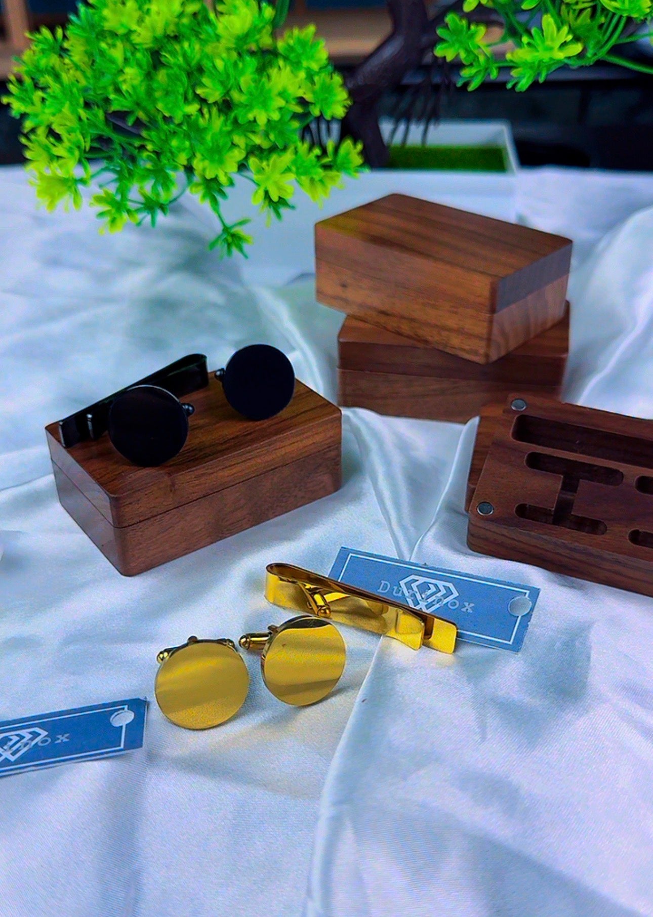 DuriBox Handmade Quality Walnut Wood Cufflinks Box Cufflinks Organizer Engraved Cufflinks & Tie Clip Wood Box Gift Set For Men