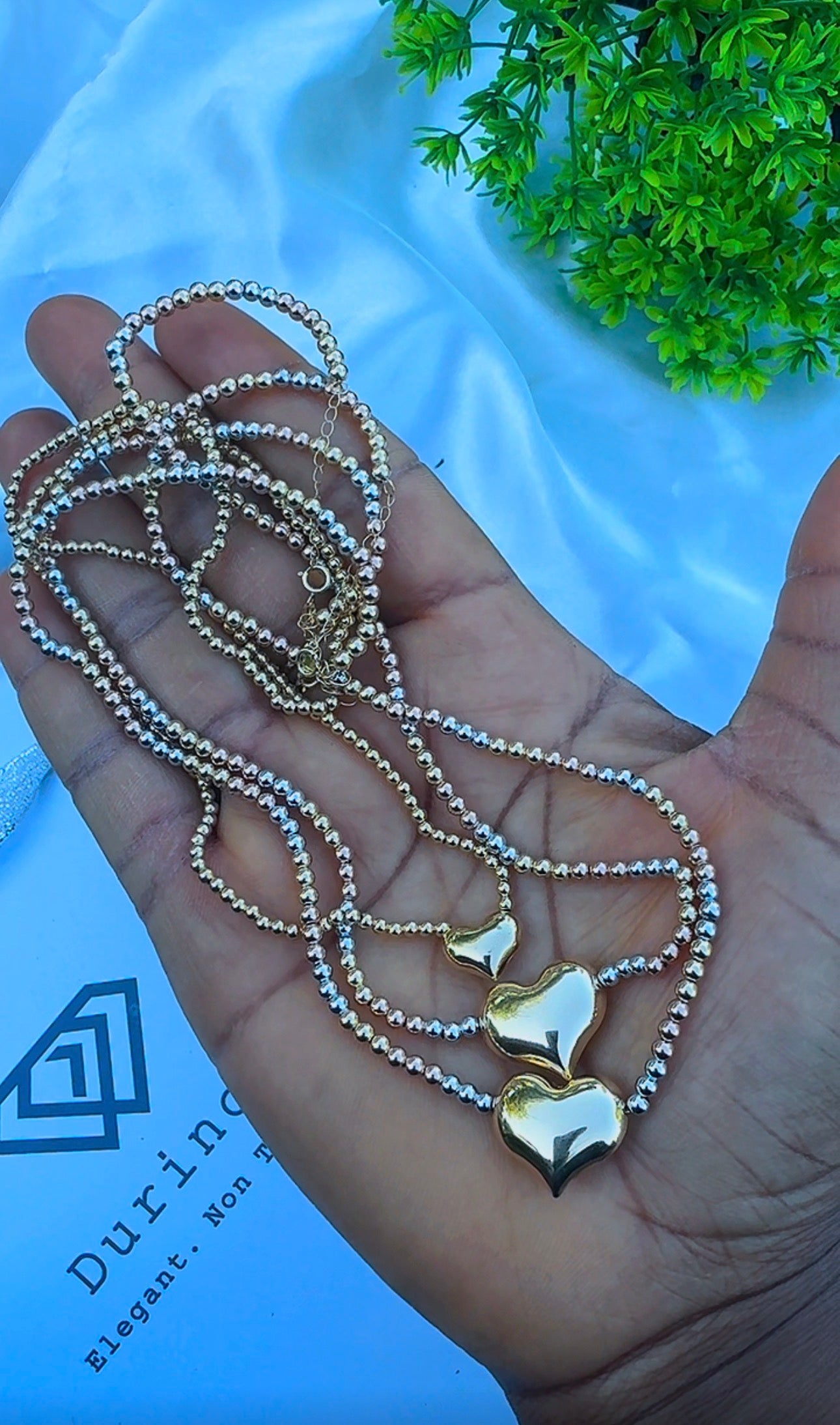 18 Karat Solid Gold Instant Ball Heart Chain Necklace 18 Inches