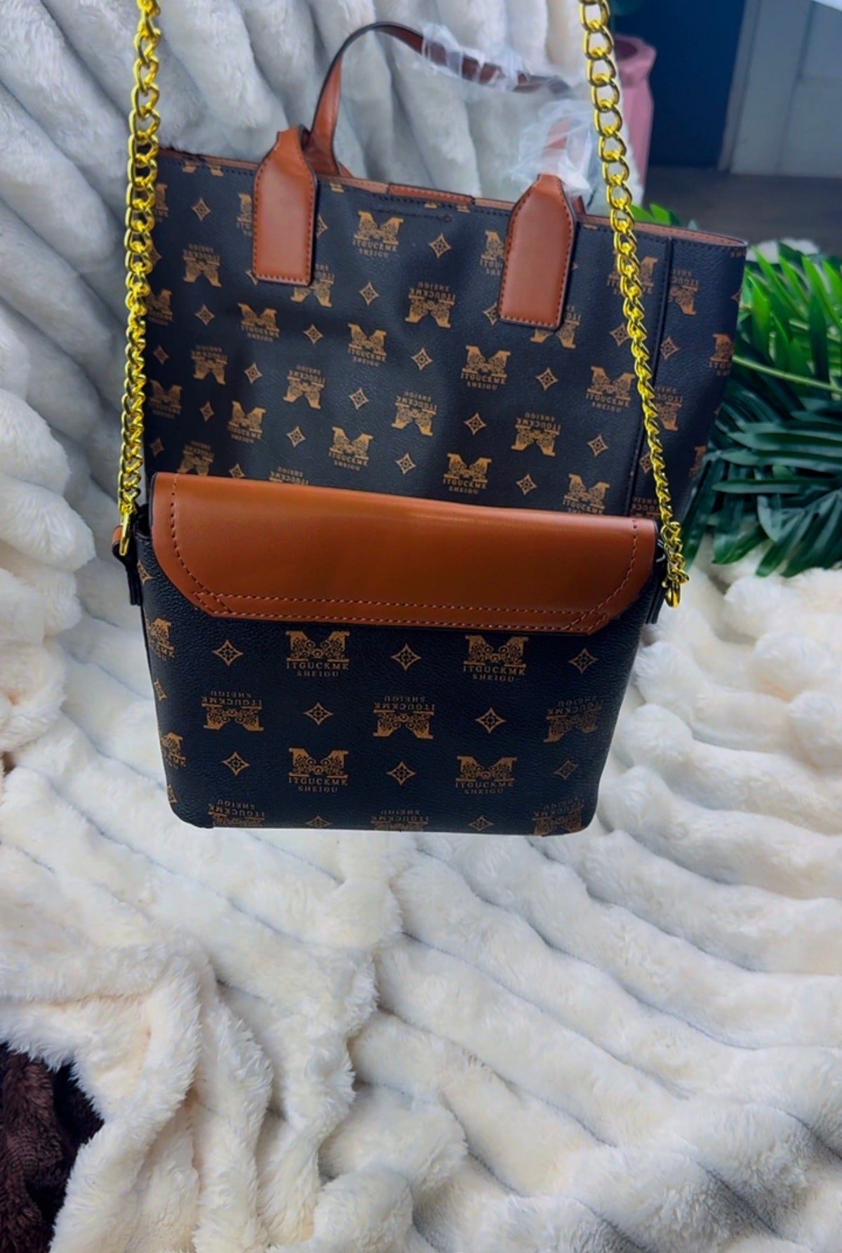 Women's Brown Monogram Pattern Tote Bag  | LARYZ Everyday 040 | Big