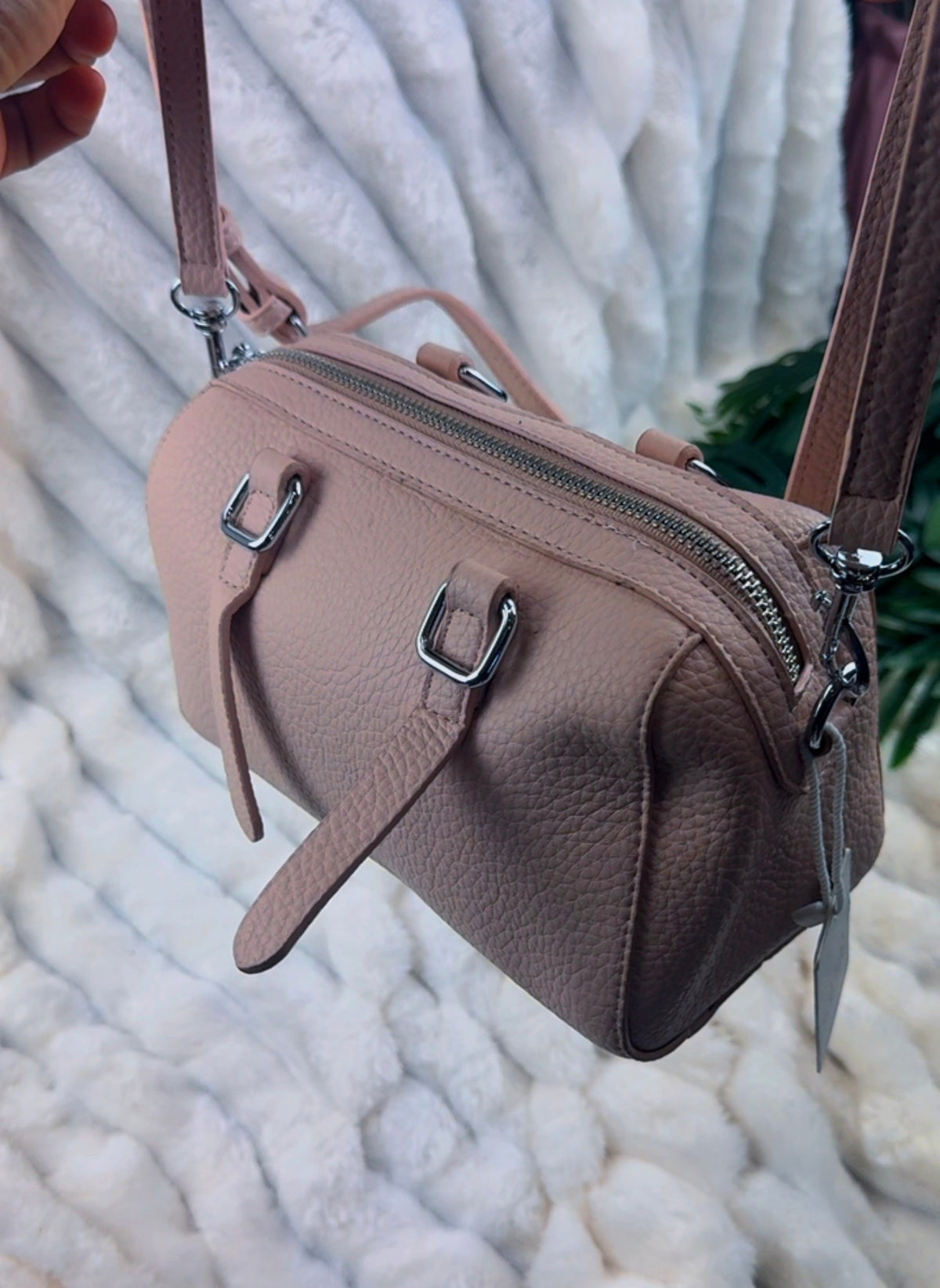 Blush Pink Pebble Leather Barrel Crossbody Bag with Buckle Accents | LARYZ Everyday 015 | Small-Medium