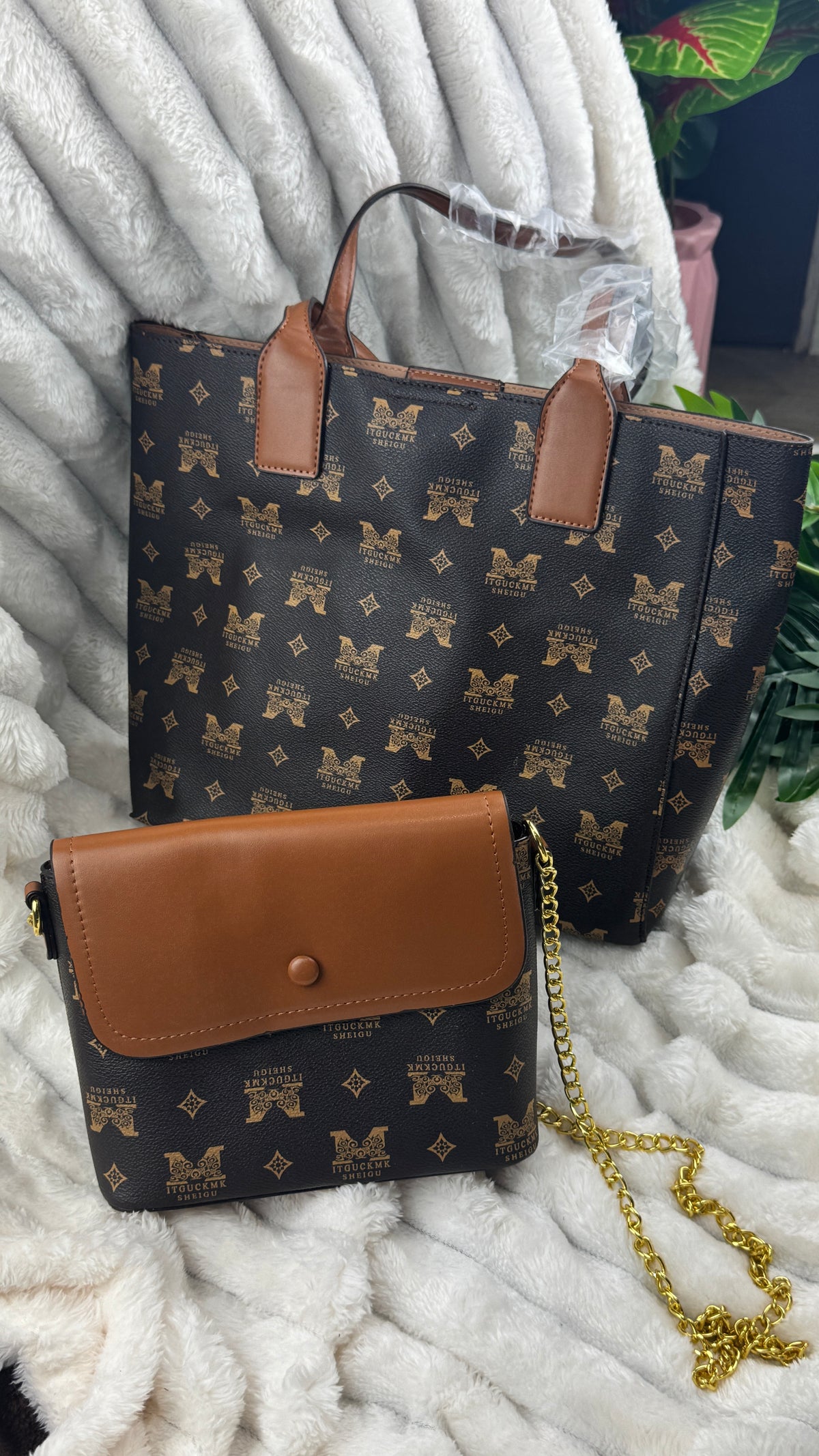 Women's Brown Monogram Pattern Tote Bag  | LARYZ Everyday 040 | Big