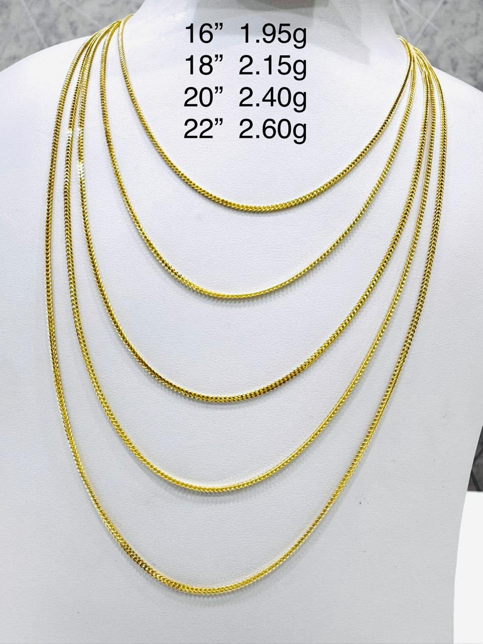 18K Solid Gold Franco Chain Necklace  | 16”-22” | Lightweight | 2.0 - 2.6g