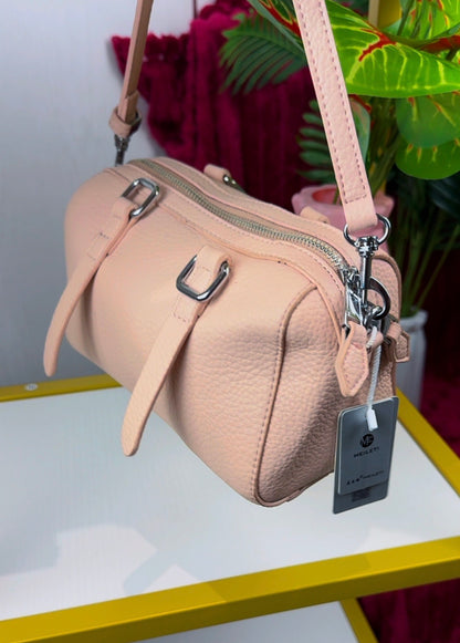 Blush Pink Pebble Leather Barrel Crossbody Bag with Buckle Accents | LARYZ Everyday 015 | Small-Medium