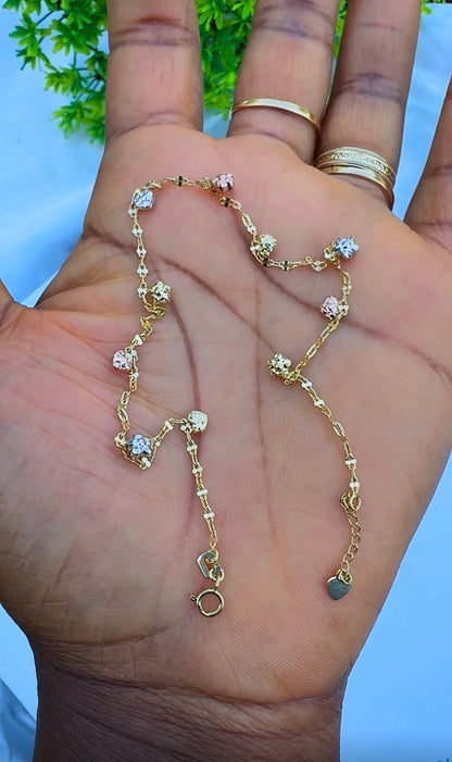 18ct Solid Gold 3-Tone Charm Anklet | 10 Inches | 2.4g