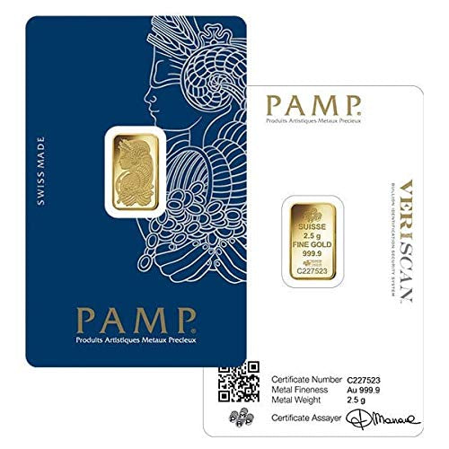 Gold bar packaging with PAMP branding on a blue and white background