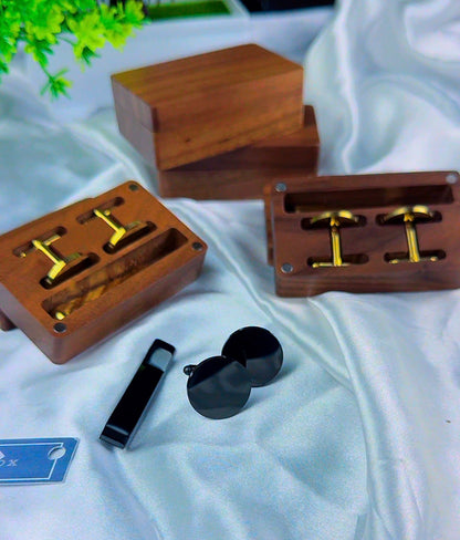DuriBox Handmade Quality Walnut Wood Cufflinks Box Cufflinks Organizer Engraved Cufflinks & Tie Clip Wood Box Gift Set For Men