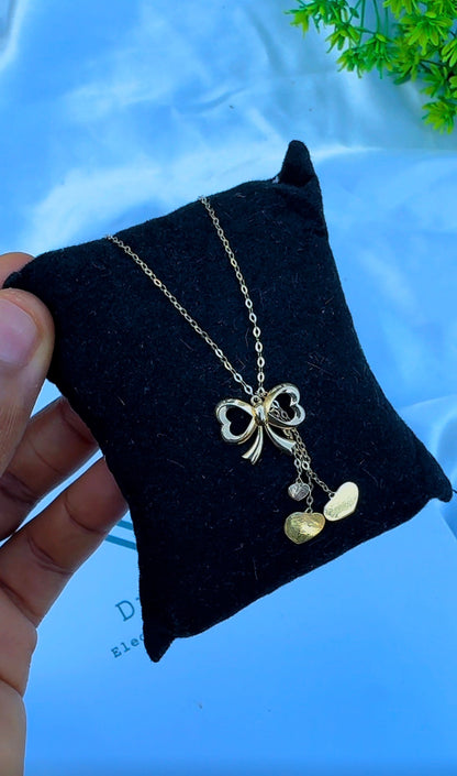 18K Solid Gold Bow Pendant Necklace with Hanging Hearts (1.9g) | Dainty Gold Jewellery | 18 Inches (Extra)