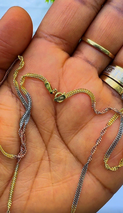 18K Solid Gold (3-Tone) Twisted Singapore Chain Necklace | 18" & 20" Real Gold 3-Tone Gold (2.7 & 3.0g) | Extra