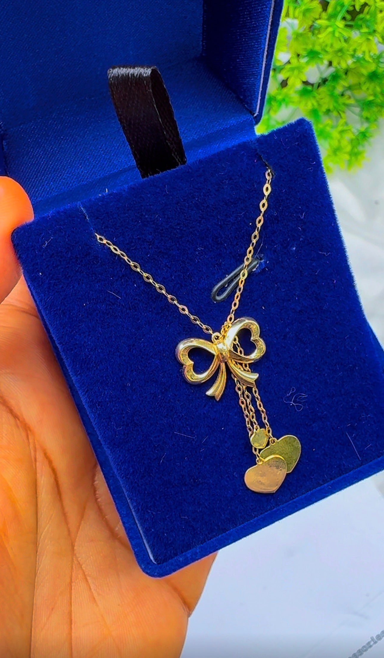18K Solid Gold Bow Pendant Necklace with Hanging Hearts (1.9g) | Dainty Gold Jewellery | 18 Inches (Extra)