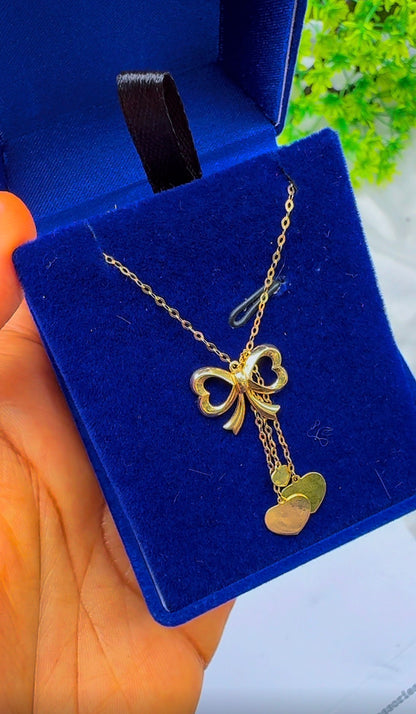 18K Solid Gold Bow Pendant Necklace with Hanging Hearts (1.9g) | Dainty Gold Jewellery | 18 Inches (Extra)