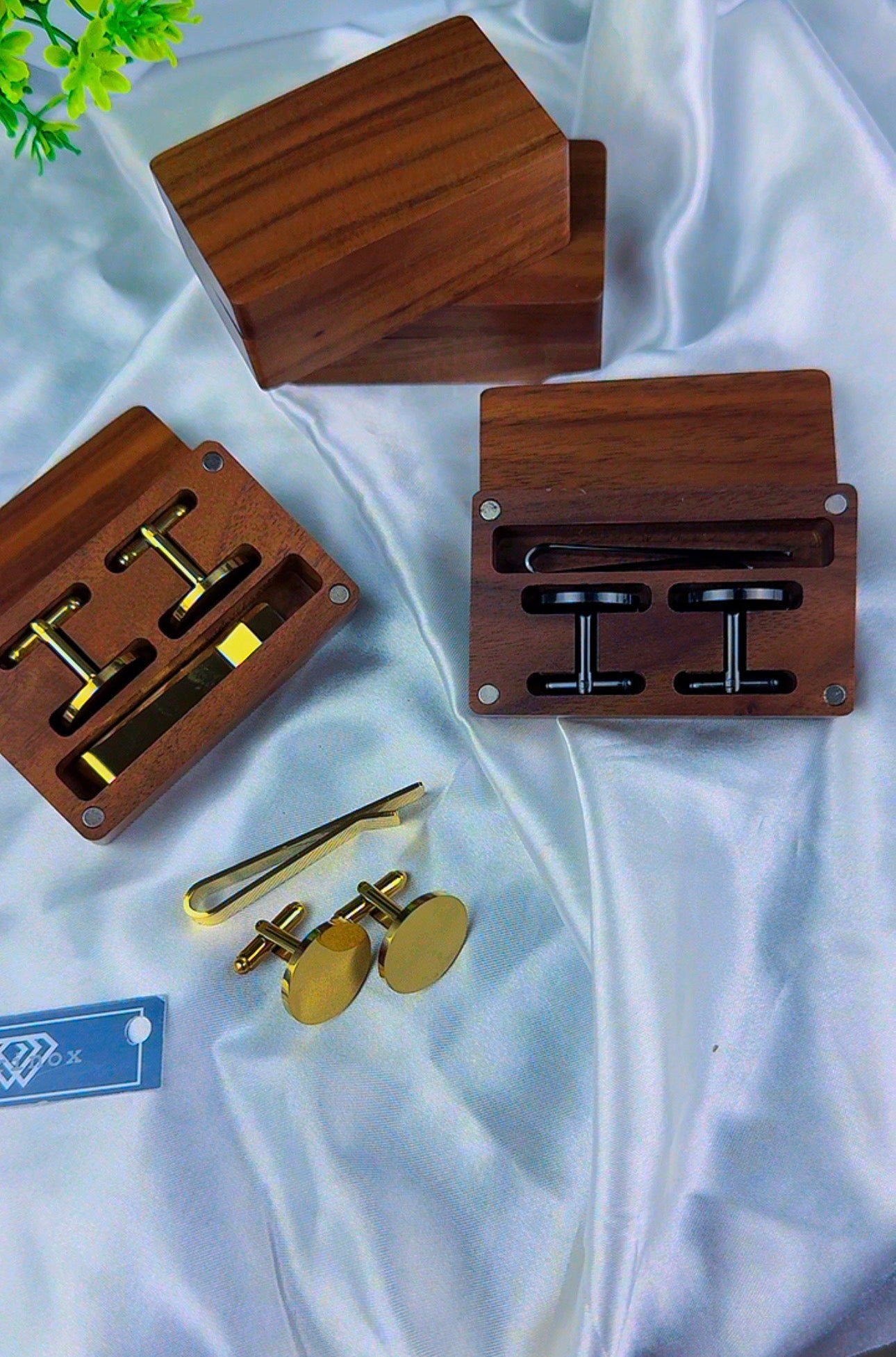 DuriBox Handmade Quality Walnut Wood Cufflinks Box Cufflinks Organizer Engraved Cufflinks & Tie Clip Wood Box Gift Set For Men