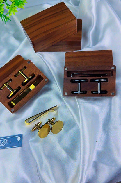 DuriBox Handmade Quality Walnut Wood Cufflinks Box Cufflinks Organizer Engraved Cufflinks & Tie Clip Wood Box Gift Set For Men