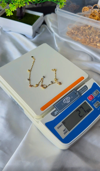 18ct Solid Gold 3-Tone Charm Anklet | 10 Inches | 2.4g