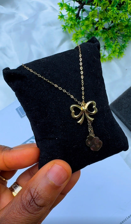 18K Solid Gold Bow Pendant Necklace with Hanging Hearts (1.9g) | Dainty Gold Jewellery | 18 Inches (Extra)