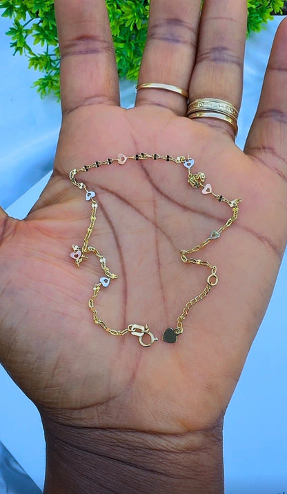 18 Karat Genuine Gold 3-Tone Heart Leg Chain (Anklet) | 10.5 Inches | 1.6g