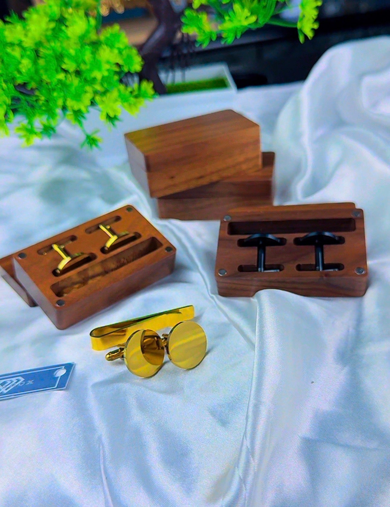 DuriBox Handmade Quality Walnut Wood Cufflinks Box Cufflinks Organizer Engraved Cufflinks & Tie Clip Wood Box Gift Set For Men