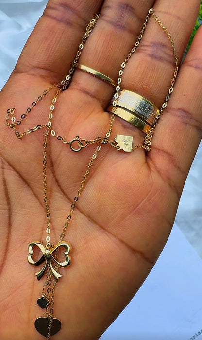 18K Solid Gold Bow Pendant Necklace with Hanging Hearts (1.9g) | Dainty Gold Jewellery | 18 Inches (Extra)