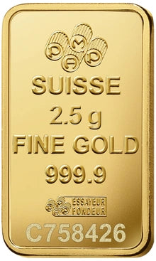 Gold bar with 'Suisse' and '2.5 g Fine Gold 999.9' text on a gold background
