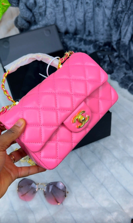Luxury Pink Quilted Leather Crossbody Bag with Chain Handle & Back Pocket - LASi002