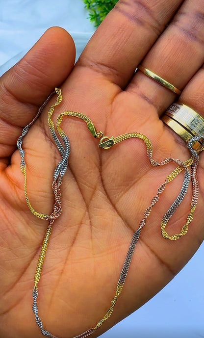 18K Solid Gold (3-Tone) Twisted Singapore Chain Necklace | 18" & 20" Real Gold 3-Tone Gold (2.7 & 3.0g) | Extra