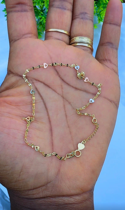18 Karat Genuine Gold 3-Tone Heart Leg Chain (Anklet) | 10.5 Inches | 1.6g