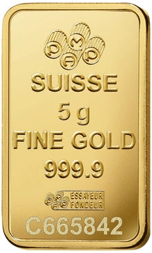 Gold bar with 'Suisse' and '5 g Fine Gold 999.9' text on a gold background