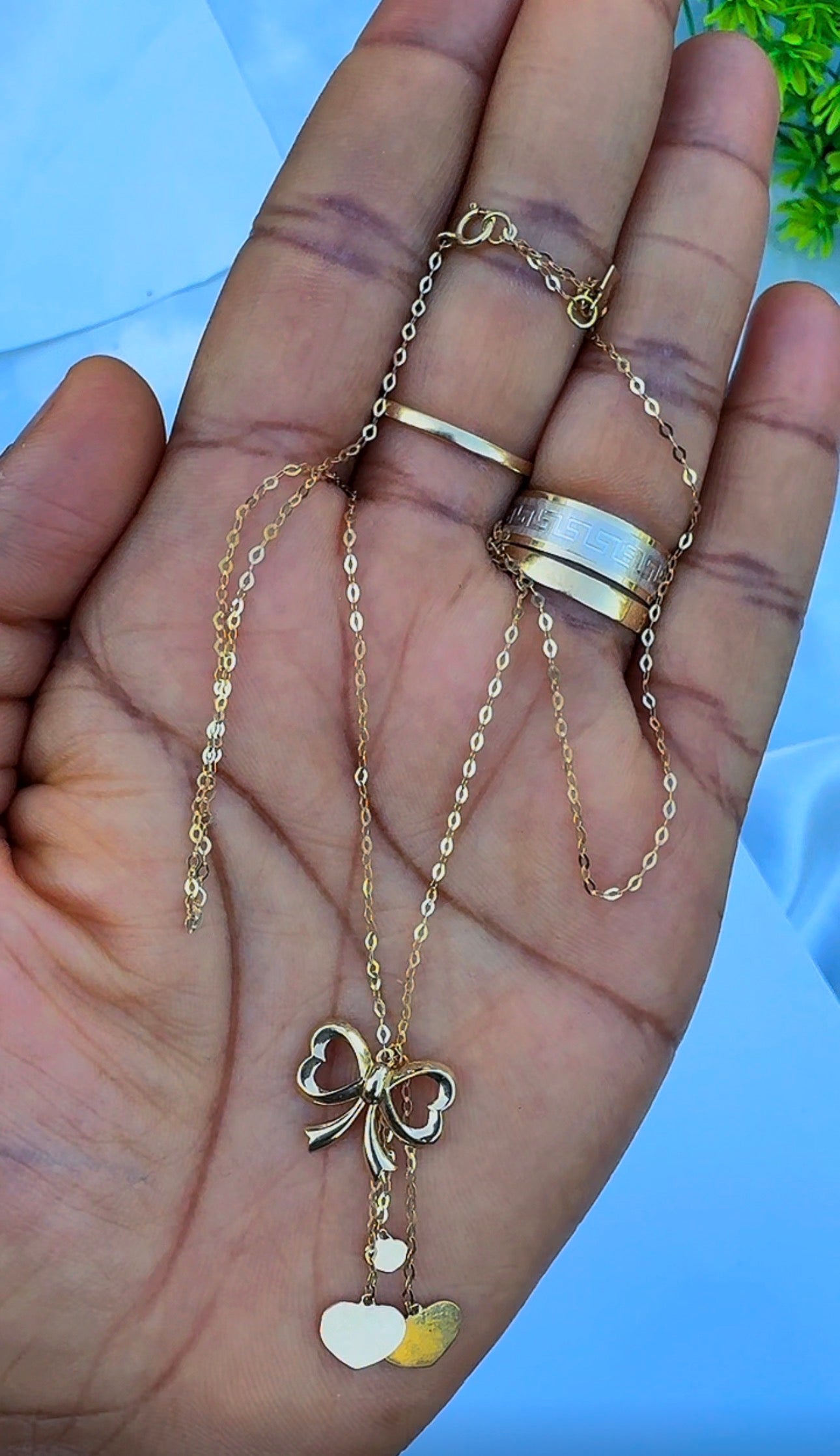 18K Solid Gold Bow Pendant Necklace with Hanging Hearts (1.9g) | Dainty Gold Jewellery | 18 Inches (Extra)