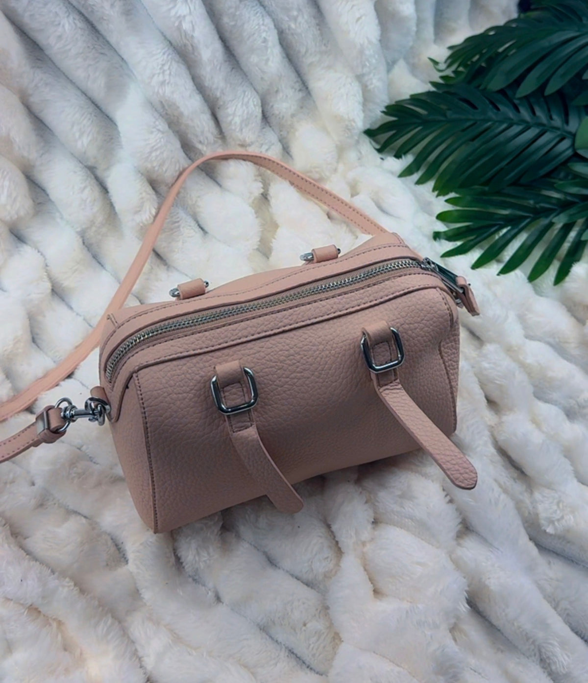 Blush Pink Pebble Leather Barrel Crossbody Bag with Buckle Accents | LARYZ Everyday 015 | Small-Medium