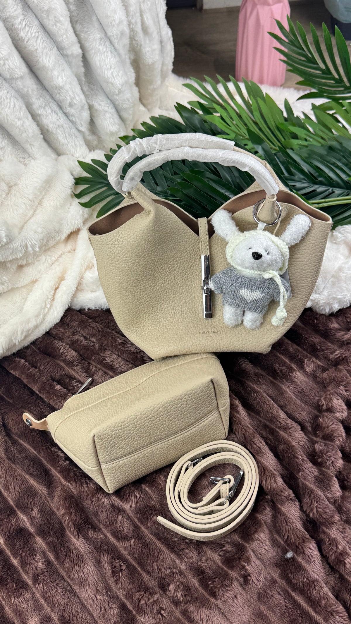 Biege Slouchy 3-in-1 Bucket Bag with Bunny Bag Charm | LARYZ Everyday - 043 | Medium