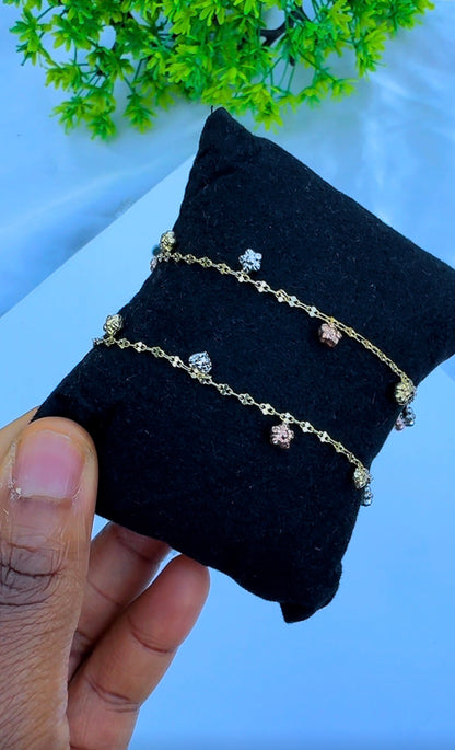18ct Solid Gold 3-Tone Charm Anklet | 10 Inches | 2.4g