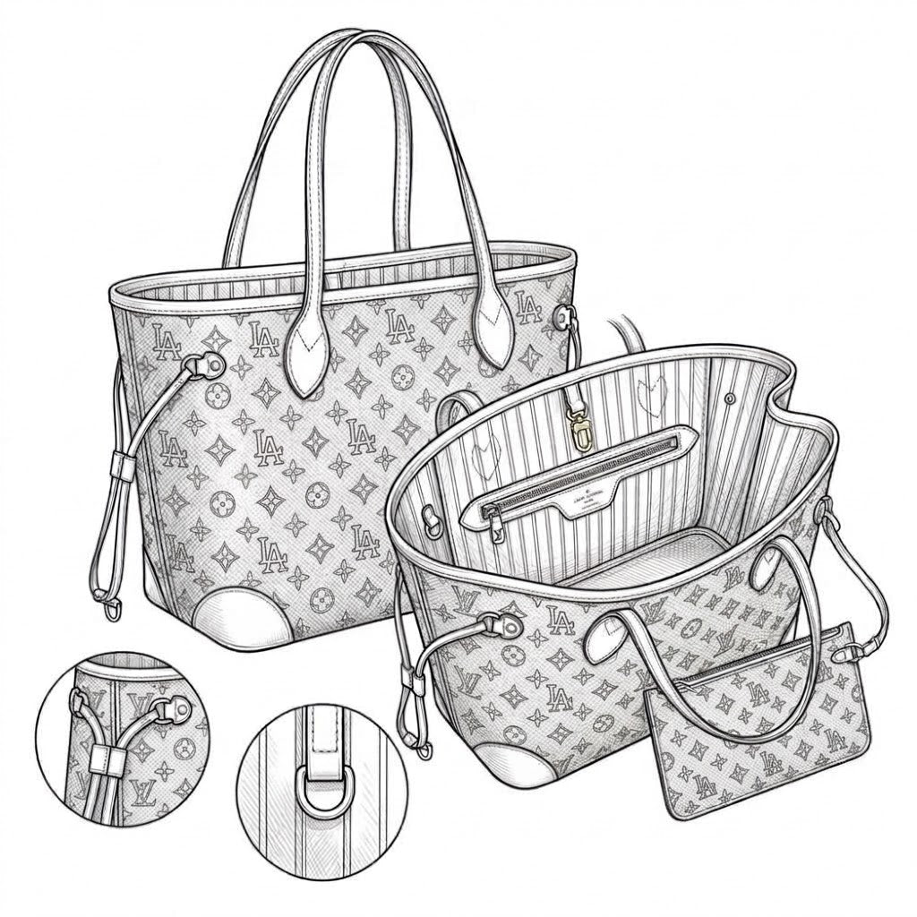 Monogram Canvas Tote Bag with Leather Shoulder Strap and Removable Pouch - LASi008