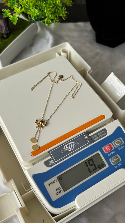 18K Solid Gold Bow Pendant Necklace with Hanging Hearts (1.9g) | Dainty Gold Jewellery | 18 Inches (Extra)