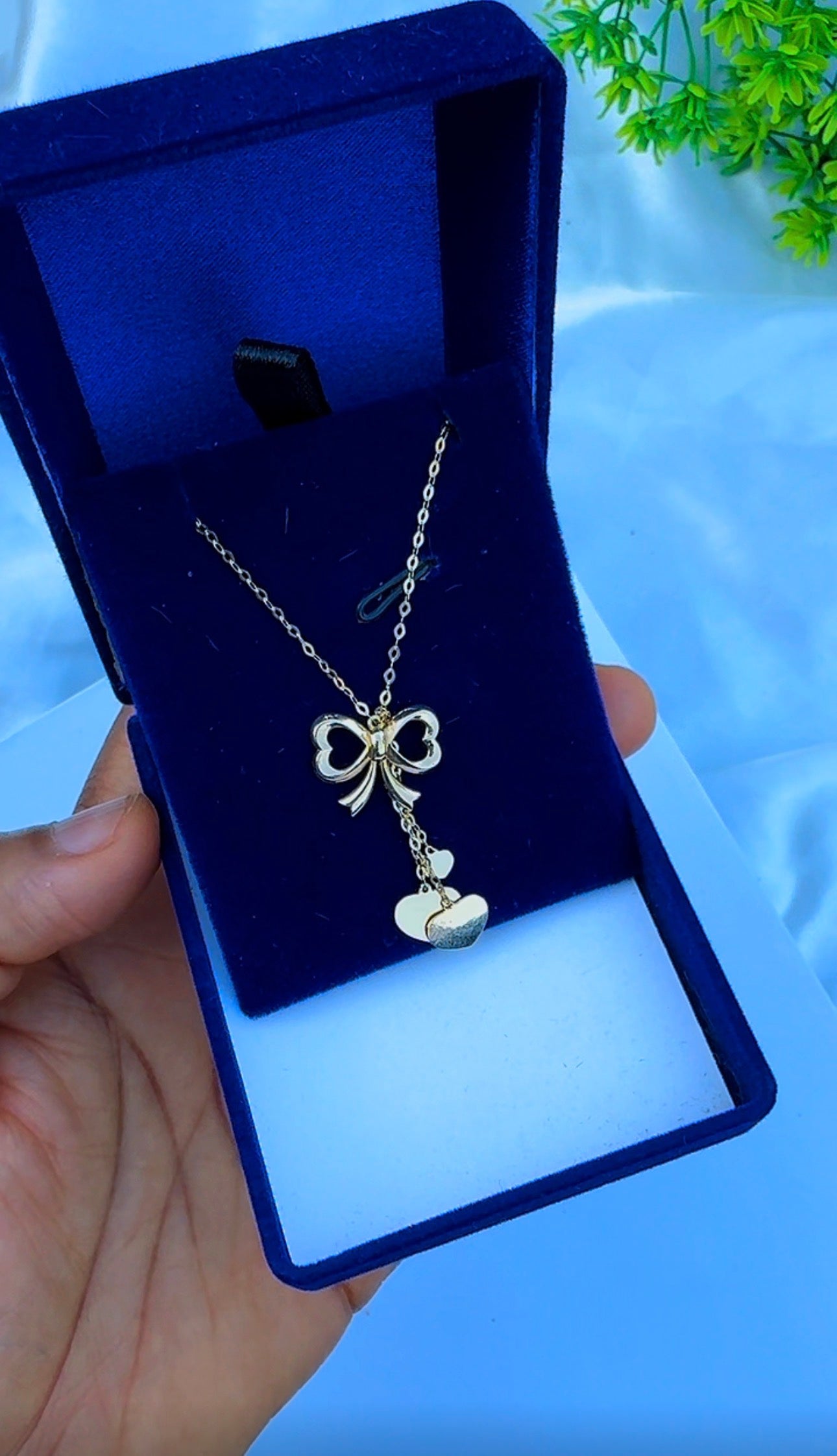 18K Solid Gold Bow Pendant Necklace with Hanging Hearts (1.9g) | Dainty Gold Jewellery | 18 Inches (Extra)