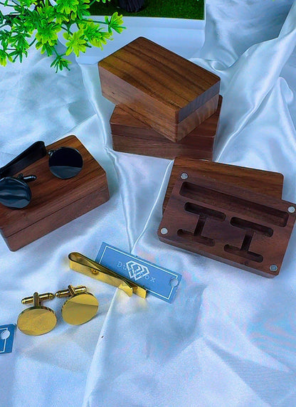 DuriBox Handmade Quality Walnut Wood Cufflinks Box Cufflinks Organizer Engraved Cufflinks & Tie Clip Wood Box Gift Set For Men